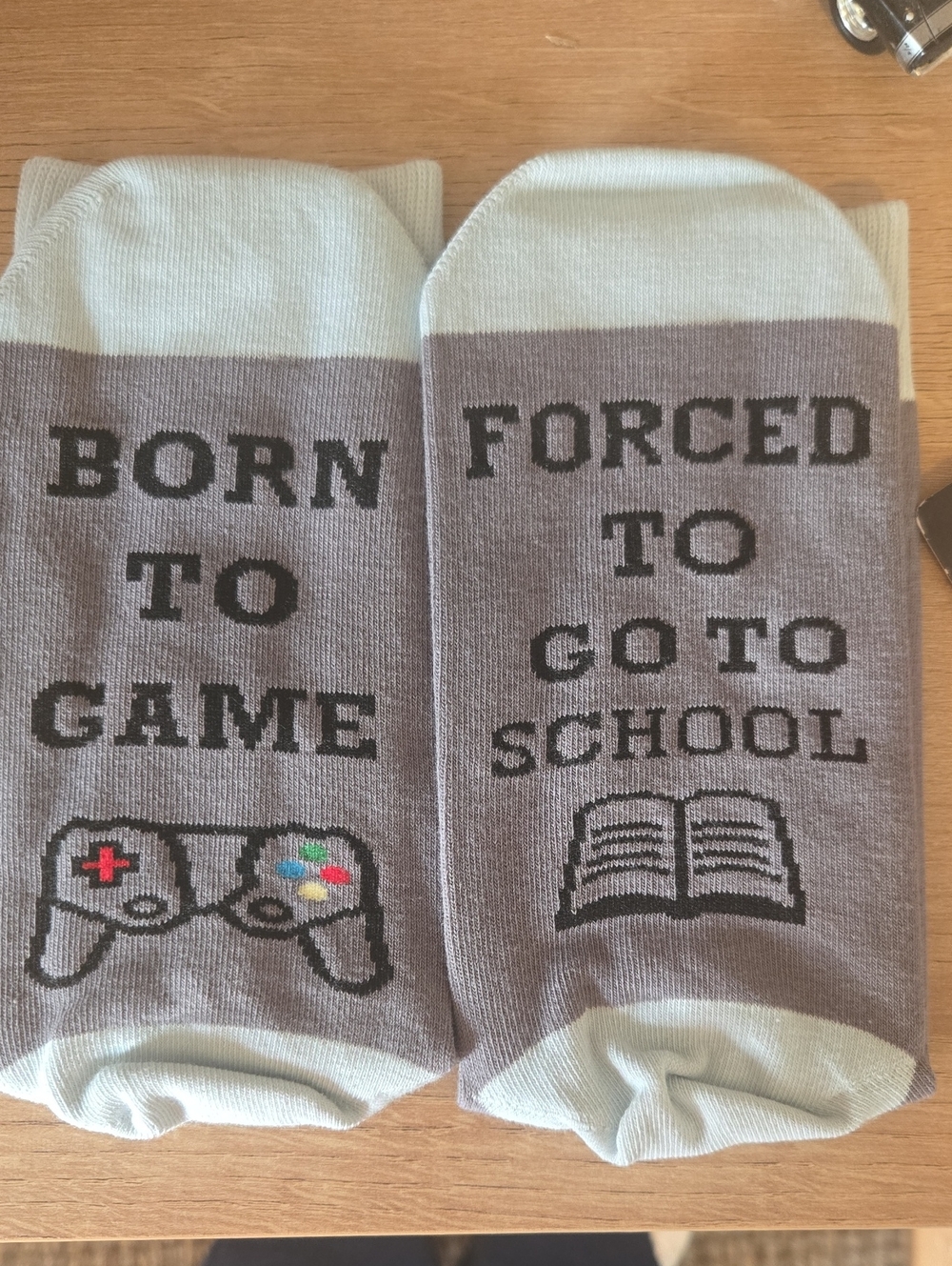 Born to Game / Forced to Go to School Graphic Crew Socks - Gray & Light Blue